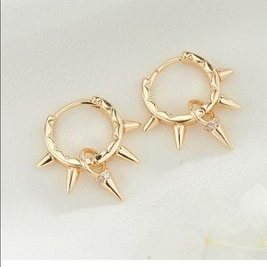 14kt Gold Small Cuff Like Hoops with Spikes & Diamond in Center, Punk Style